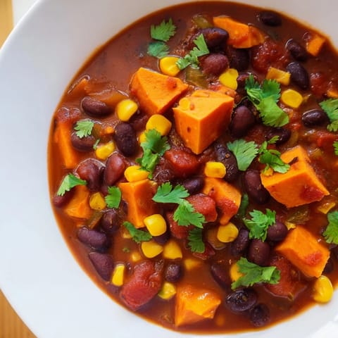 Hearty and flavorful, this homemade Smoky Sweet Potato Chili is served with fresh cilantro garnish.