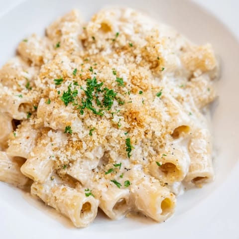A close-up of a bowl of high-protein mac & cheese, showcasing the cheesy cottage cheese blend.