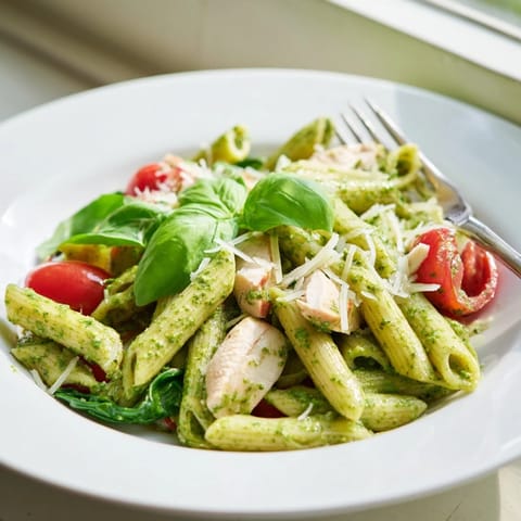 Fork-tender Pesto Chicken Pasta features juicy chicken, al dente penne, and a creamy pesto sauce with bright Parmesan.
