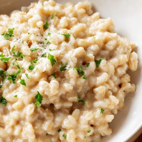 A bowl of creamy pearled barley with golden roasted zucchini, bell peppers, and tomatoes.
