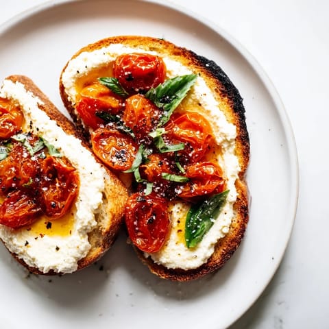 Creamy whipped ricotta spread on rustic bread with sweet roasted cherry tomatoes and a sprinkle of flaky sea salt.
