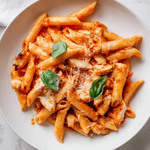 Sizzling Tomato Basil Chicken Pasta in a skillet, steam rising from the hearty, aromatic dinner.  