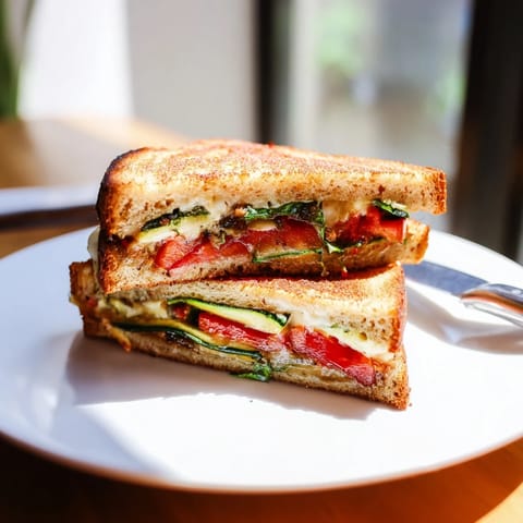 A close-up of a buttery, pan-seared sandwich reveal oozy cheese and vibrant roasted vegetables in this Roasted Veggie Caprese Grilled Cheese.