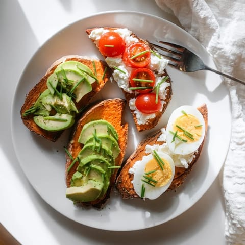 Golden-brown sweet potato toasts layered with cottage cheese, fresh chives, and ripe cherry tomatoes.