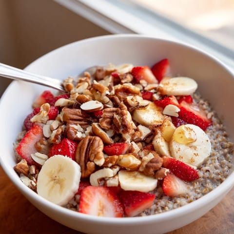 Steaming Buckwheat Groats Breakfast in a rustic bowl, garnished with sliced bananas and crunchy pecans, ready to serve with a splash of almond milk.
