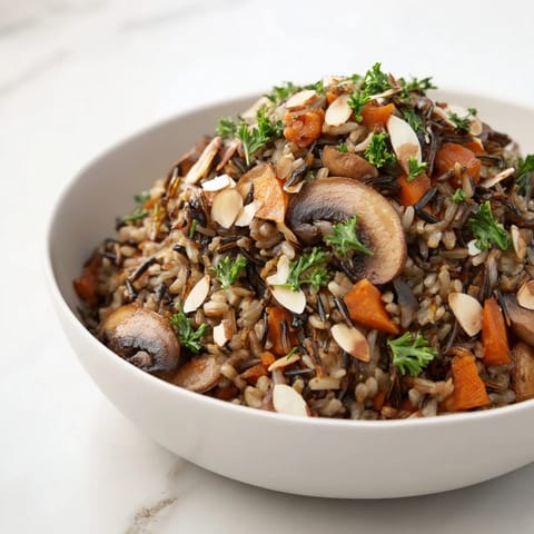 A close-up of sautéed cremini mushrooms, diced carrots, and celery folded into nutty wild rice pilaf.