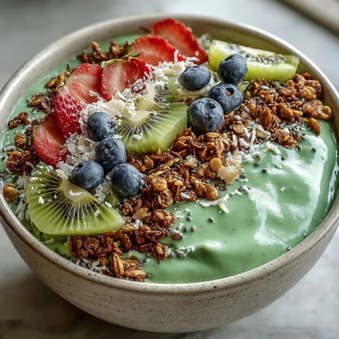 Creamy green smoothie bowl, a refreshing breakfast with fruit and granola toppings.
