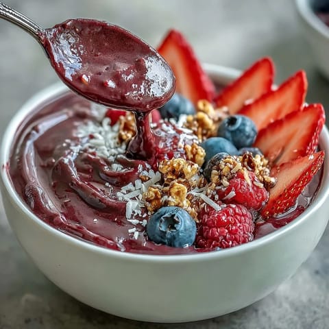 Vibrant Acai Berry Smoothie Bowl bursting with fresh fruit and crunchy granola.