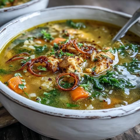 Bright yellow turmeric chicken soup with tender chicken pieces and wilted baby kale garnished with fresh lemon slices.
