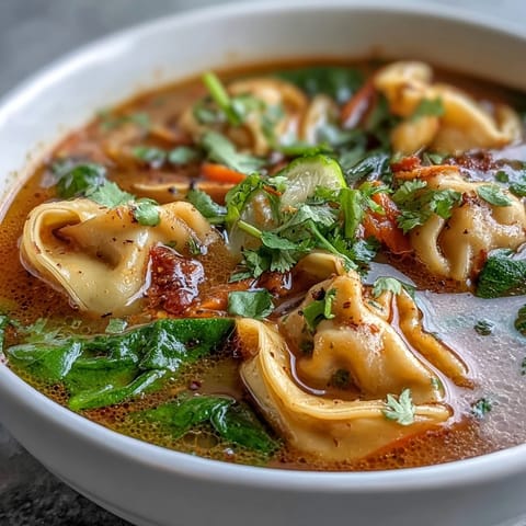 Fragrant red curry wonton soup with greens in a white bowl, lime wedges and cilantro garnish for a bright finish. 