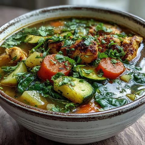 Bright orange Turmeric Chicken Soup in a white bowl, garnished with fresh cilantro and lemon wedges. 