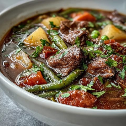 Serving suggestion of hearty Beef and Vegetable Soup in a rustic bowl, garnished with fresh chopped parsley and a slice of crusty bread on the side.