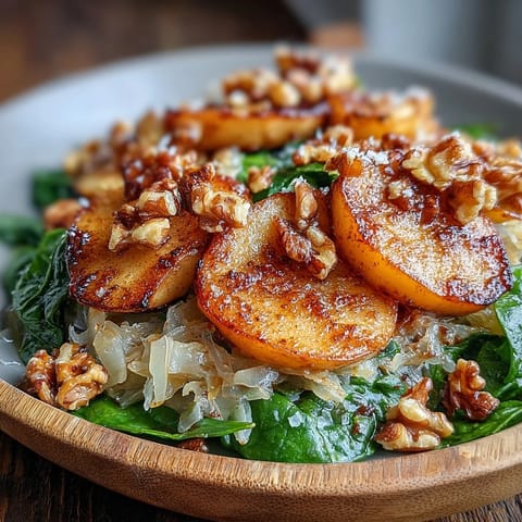 Freshly wilted spinach tossed into a tangy-sweet Warm Apple and Sauerkraut Skillet Salad for a vibrant side dish.