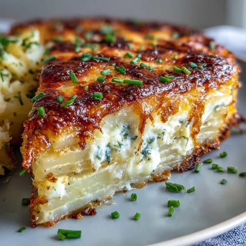 Slices of creamy vegetarian Cheese and Potato Pie served alongside fresh chives and a crisp salad.