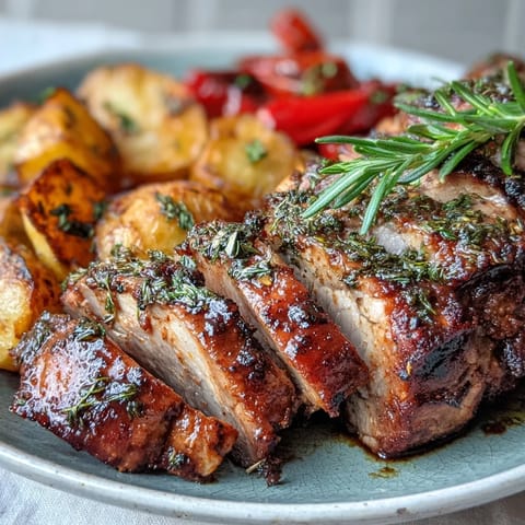 Roasted Ibérico pork fillet with crispy potatoes and sweet red peppers, a Spanish-inspired main dish on a white platter.