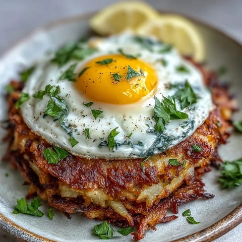 Crispy celeriac and potato rösti served with a dollop of spicy harissa yogurt and a sunny-side-up egg.