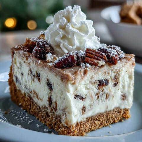 Slices of festive Christmas Cheesecake Slab topped with whipped cream and snowy icing sugar dust.