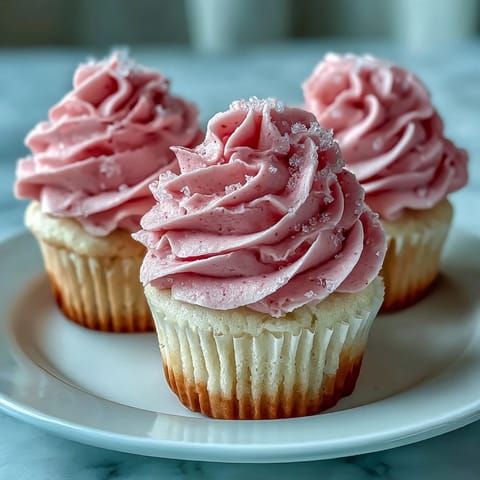 A single Pink Velvet Cupcake with creamy vanilla buttercream frosting and edible pearl garnish, showing its moist crumb.