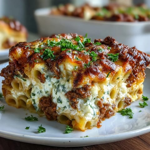 Spoonful of creamy Cottage Cheese Protein Pasta Bake with Ground Beef revealing rich tomato sauce, al dente pasta, and savory beef.
