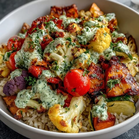 Freshly roasted Rainbow Roasted Vegetable Bowl with crispy, caramelized veggies served over fluffy brown rice and drizzled with green herb sauce.