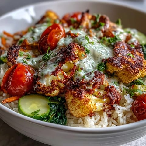 Colorful roasted cauliflower bowl with spinach, cherry tomatoes, and a drizzle of tangy tahini.