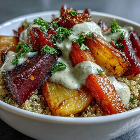 A spoonful of creamy tahini drizzle cascades over hot roasted vegetables in the Roasted Root Vegetable Bowl.