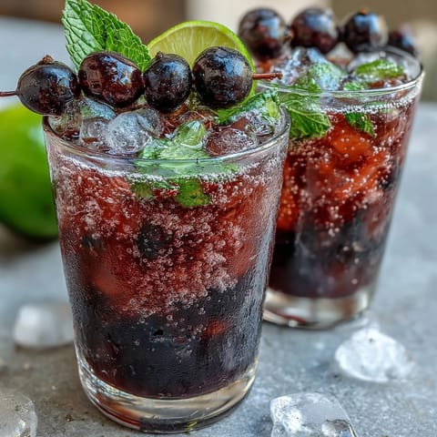 A single serving of a sweet and tangy Black Currant Mojito sitting on a wooden table, garnished with black currant berries and a lime wheel. Refreshing mocktail or cocktail for a party. 