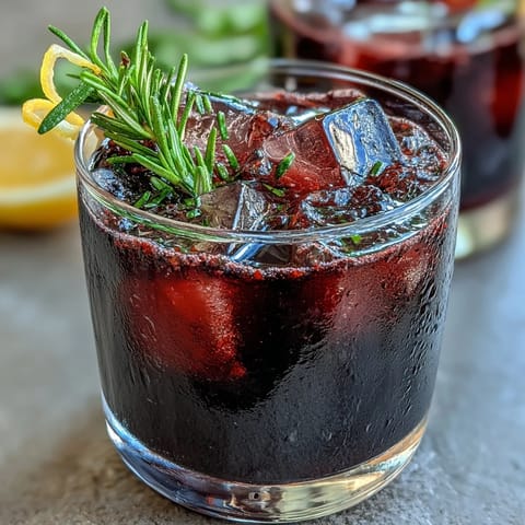 The Black Currant Rosemary Cocktail is prepared in a cocktail shaker with ice, ready to be strained for a refreshing, herbal drink.