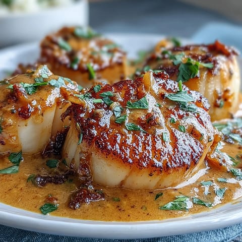 Twelve large sea scallops seared in a skillet, smothered in a creamy Cajun sauce with Parmesan.