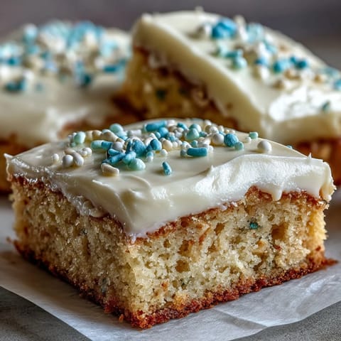 A close-up of frosted Almond Flour Sugar Cookie Bars showing the chewy texture and smooth white frosting.