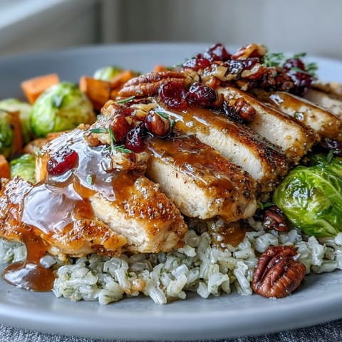 Diced sweet potatoes and Brussels sprouts roasted with rosemary mingle with sliced glazed chicken on a hearty rice bed in Maple Dijon Chicken Sweet Potato Bowls.
