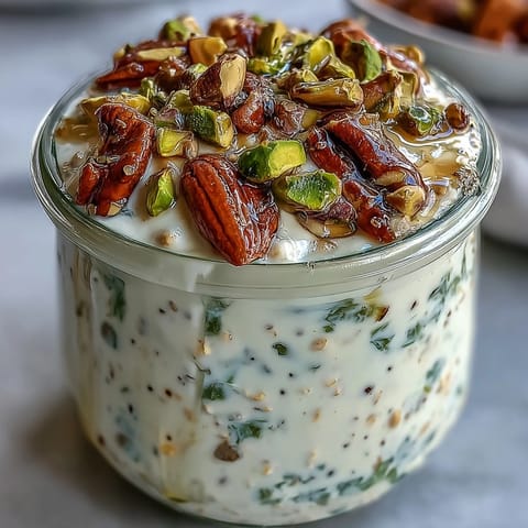 Glasses jar of creamy Pistachio Overnight Oats topped with fresh berries and extra chopped pistachios.