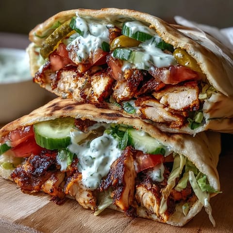 Colorful chicken shawarma wraps overflowing with crisp vegetables and pickles, drizzled with rich tahini yogurt sauce.