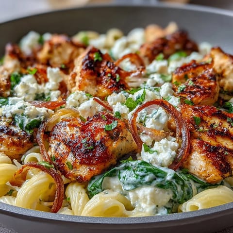 A hearty one-skillet Mediterranean dinner featuring tender chicken and crumbled feta cheese.