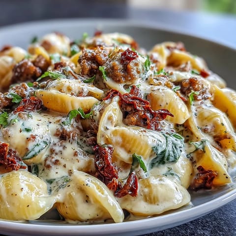 Freshly prepared Creamy Tuscan Chili Mac garnished with sun-dried tomatoes and herbs. 