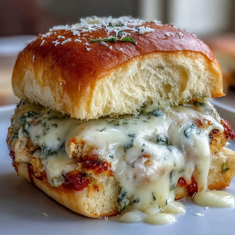 Golden brown Pesto Chicken Parmesan Sliders on a brioche bun, melted mozzarella and marinara oozing out, served on a wooden board.