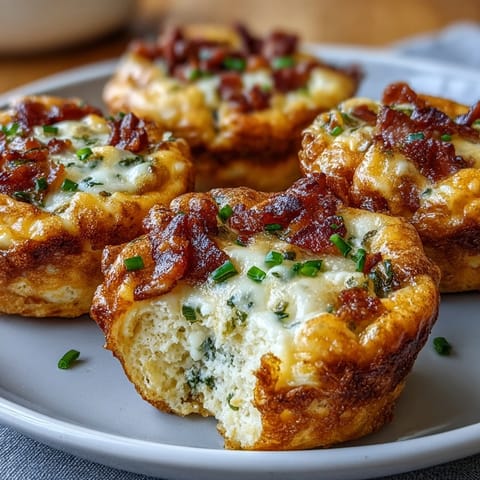 Golden-brown Ranch & Cheddar Egg Muffin Cups sit on a white plate, filled with crispy bacon bits and melted sharp cheddar cheese.