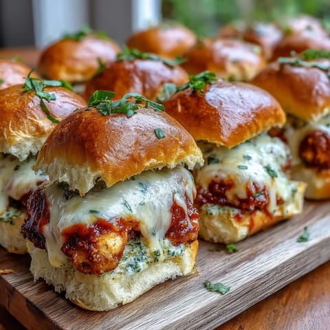 Golden, cheese-topped Pesto Chicken Parmesan Sliders on a serving platter with a bowl of extra marinara for dipping.