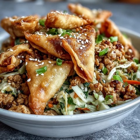 Crispy Baked Egg Roll Chicken Bowls are plated over warm rice, topped with crunchy baked wonton strips, green onions, and sesame seeds.