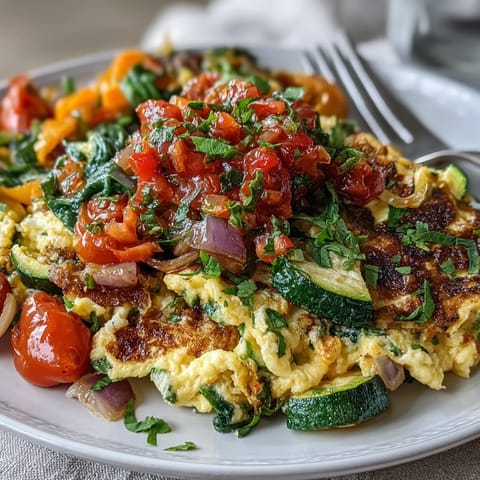 Brightly colored sautéed peppers and zucchini mixed into the egg white veggie scramble topped with salsa.