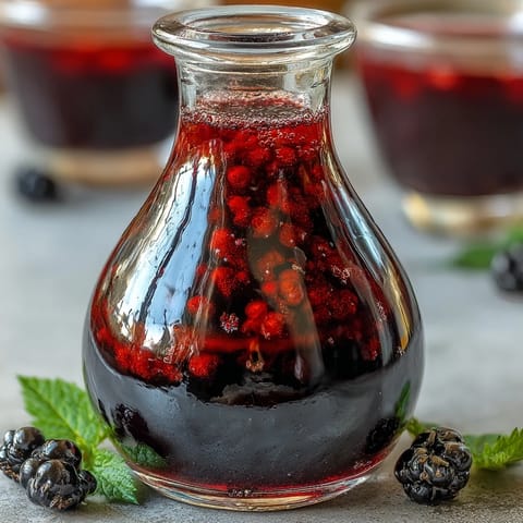 A vibrant glass of homemade blackcurrant vodka liqueur, showcasing deep purple hues and fresh blackcurrants on the side.