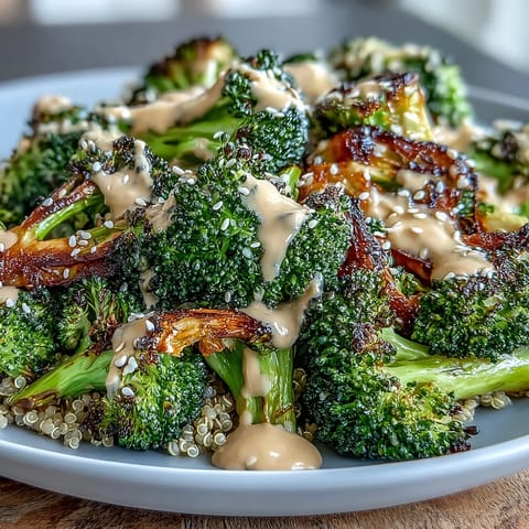 A colorful roasted broccoli bowl with golden crispy florets, fluffy quinoa, and a creamy tahini drizzle, garnished with sesame seeds and parsley.