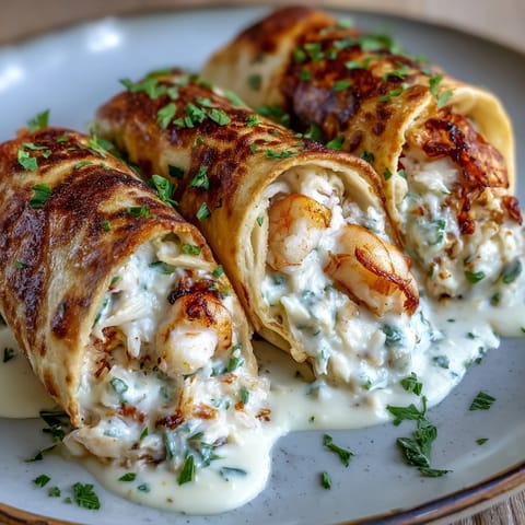 Warm seafood-stuffed tortillas topped with rich cream sauce, golden brown and garnished with fresh parsley.  