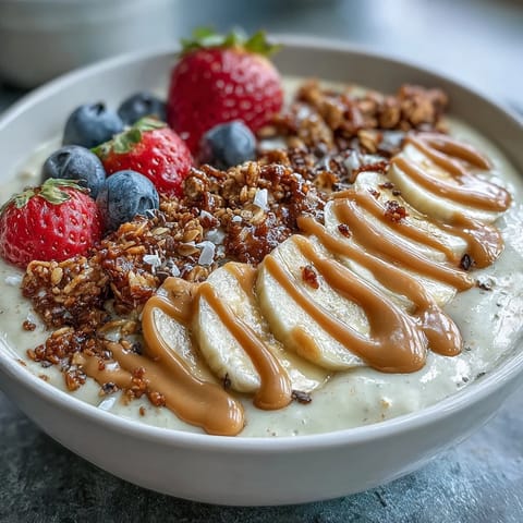 Protein-packed peanut butter banana smoothie bowl, garnished with sliced bananas, chia seeds, and cacao nibs for a satisfying post-workout meal.