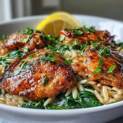 A creamy one-pot lemon garlic chicken and orzo with spinach, featuring tender chicken, fresh herbs, and zesty citrus flavors.