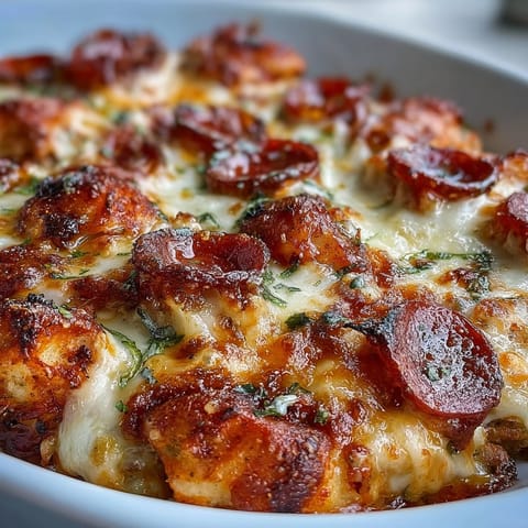 Keto Pepperoni Pizza Chicken Bake with gooey mozzarella and zesty pepperoni on juicy chicken breasts.  