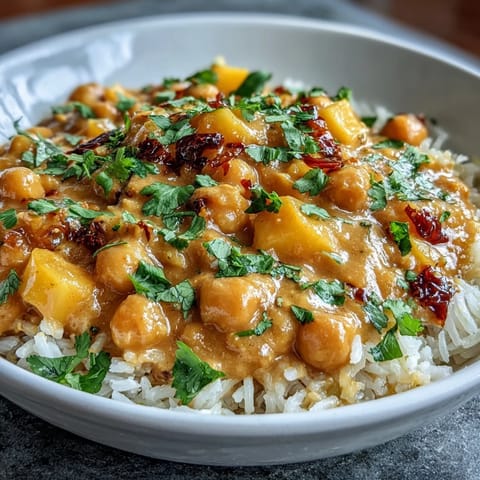 Quick 20-minute curry recipe featuring sweet mango, creamy coconut milk, and tender chickpeas, perfect for busy weeknights.  
