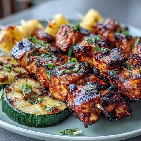 Vibrant honey-lime grilled chicken skewers showcasing marinated chicken cubes, zucchini rounds, and pineapple chunks, perfectly charred on the grill for a colorful and flavorful summer meal.