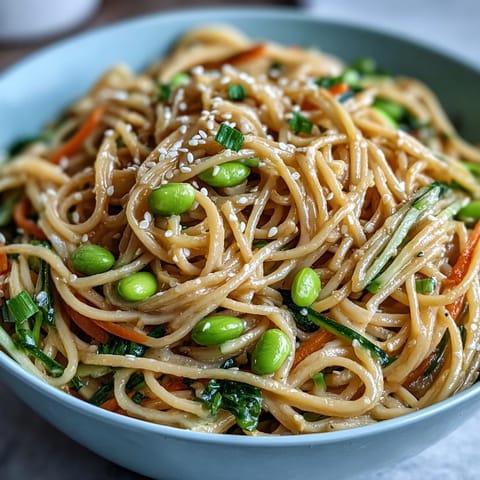 Creamy sesame ginger dressing coats cold noodles in this refreshing Asian-inspired bowl, garnished with julienned vegetables and green onions.