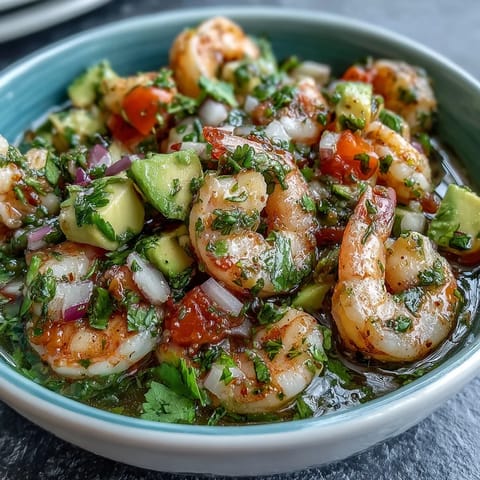 Zesty chilli lime shrimp ceviche with creamy avocado, fresh cilantro, and diced tomatoes in a citrus marinade.